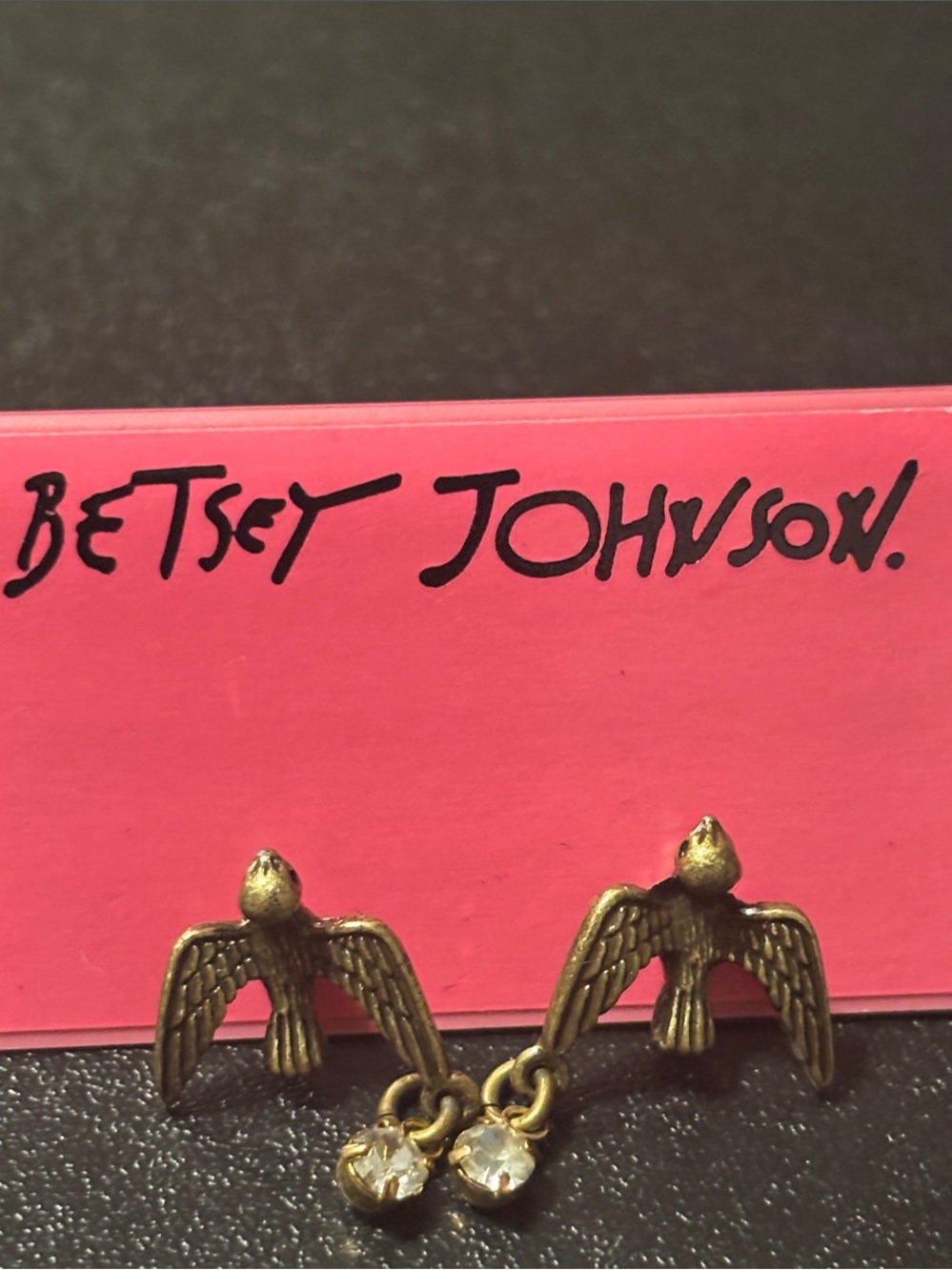 Betsey Johnson Gold Bird Drop Earrings with Clear Crystal